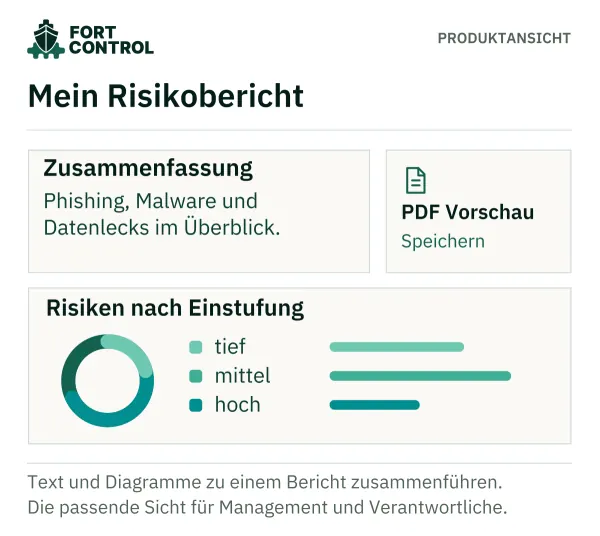 Berichtseditor mit Risikozusammenfassung, PDF-Vorschau und Diagrammen zur Risikoeinstufung.