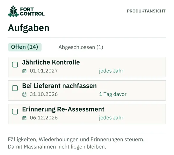 Aufgabenliste mit jährlicher Kontrolle, Lieferanten-Nachverfolgung und Re-Assessment samt Terminen.