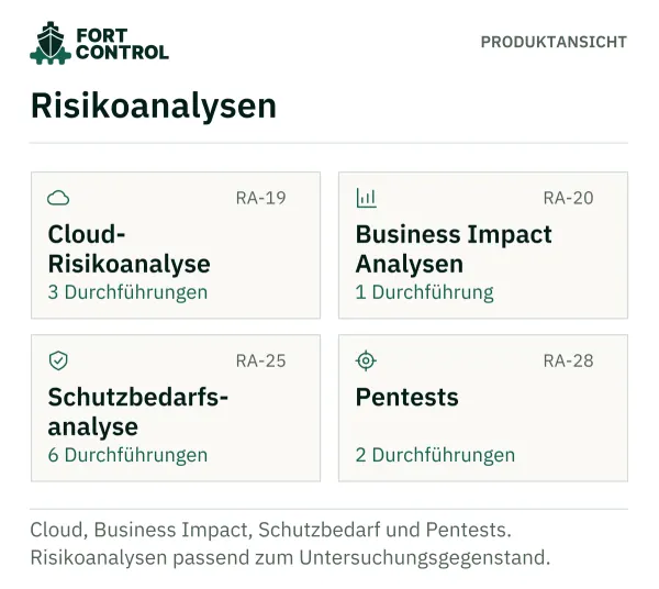 Übersicht der Cloud-Risikoanalyse, Business Impact Analysen, Schutzbedarfsanalyse und Pentests.