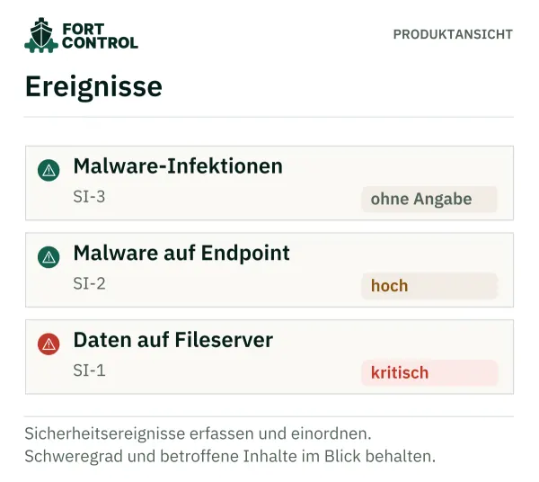 Ereignisliste mit Malware-Infektionen, Malware auf Endpoint und Daten auf Fileserver samt Einstufung.