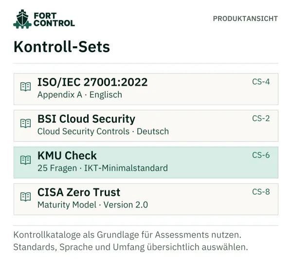 Kontroll-Sets für ISO/IEC 27001:2022, BSI Cloud Security, KMU Check und CISA Zero Trust.